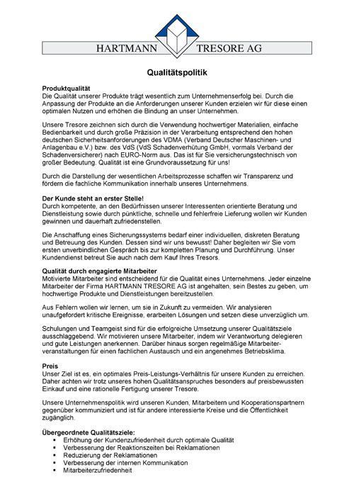 [Translate to ch_fr:] HARTMANN TRESORE-Qualitätspolitik